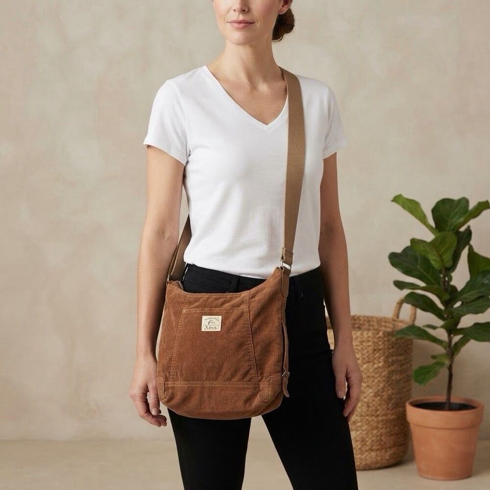 Fossil Y2K Brown Corduroy Crossbody Hobo Bag